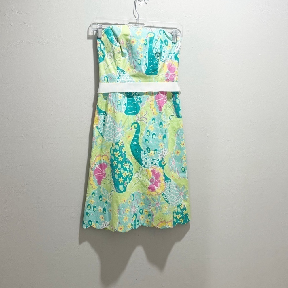 LILLY PULITZER Women’s Strapless Belted Dress SOUTHERN BELLE Peacock Print Sz 0 - Picture 1 of 6